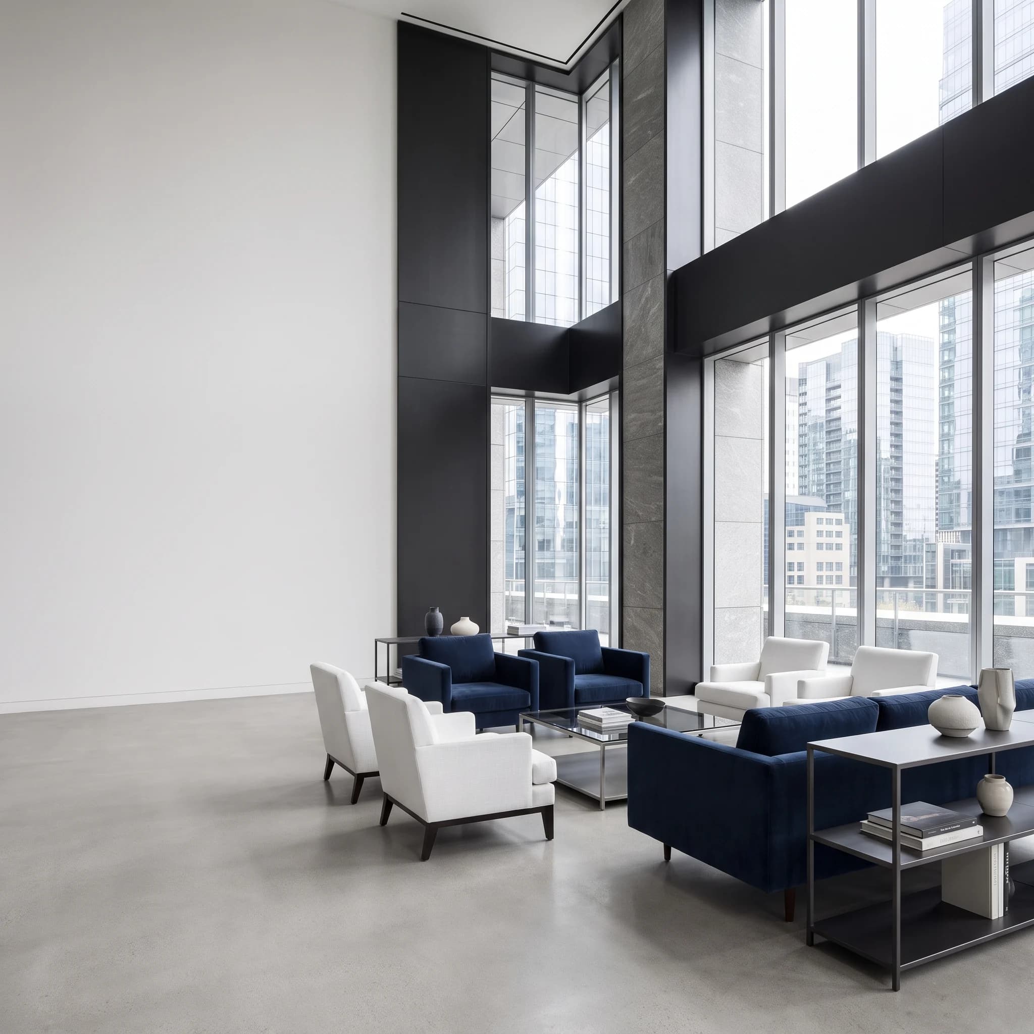 A modern luxury commercial office lounge in Bangalore representing flexible workspace solutions by Waykin Guild