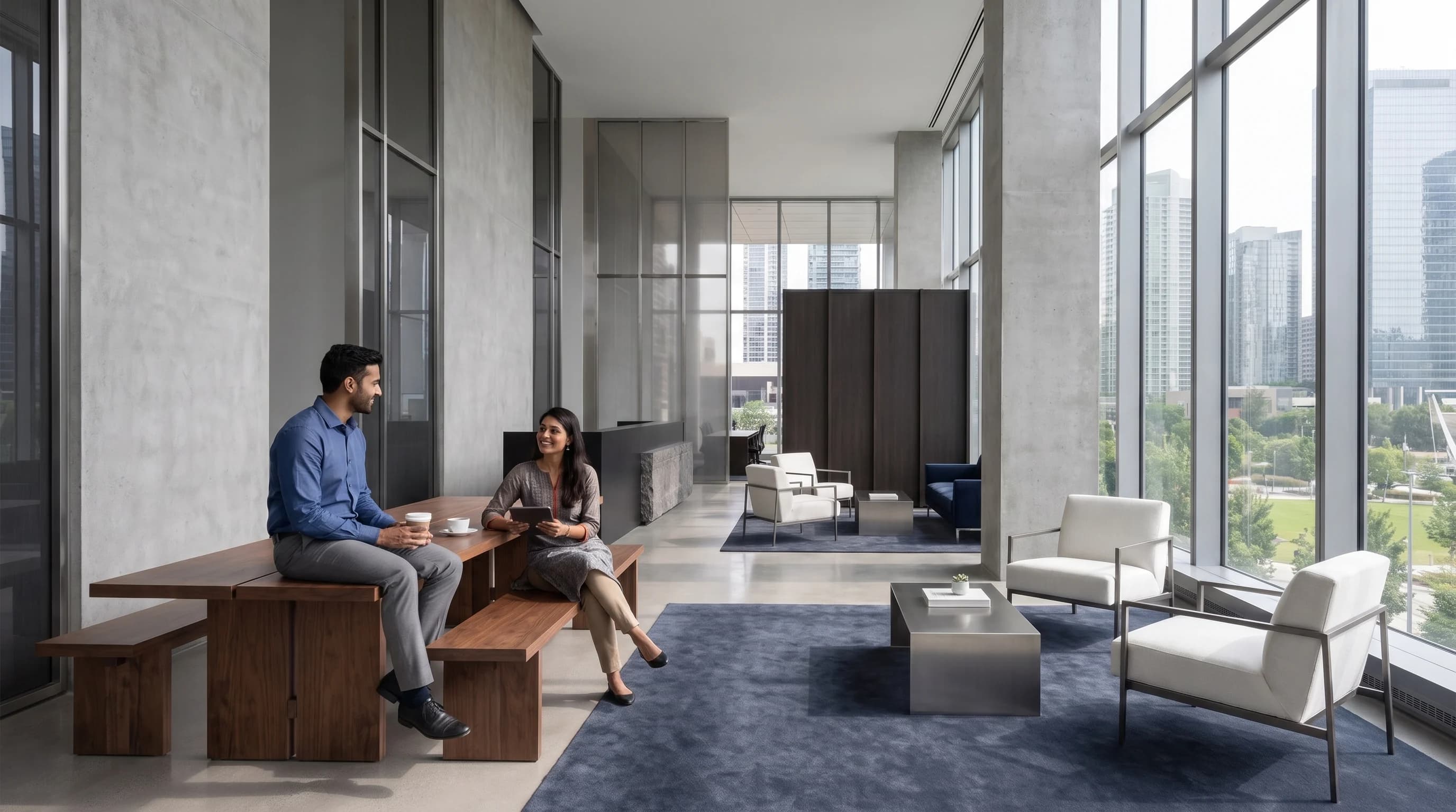 Two Waykin Guild advisors discussing commercial real estate strategy in a modern, high-ceiling modern office lounge in Bangalore